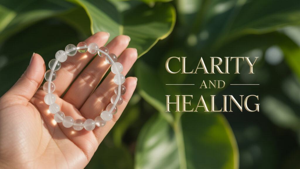 Clear quartz crystal bracelet with transparent beads, symbolizing energy amplification, mental clarity, and spiritual healing. Ideal for meditation, chakra alignment, and intention setting.